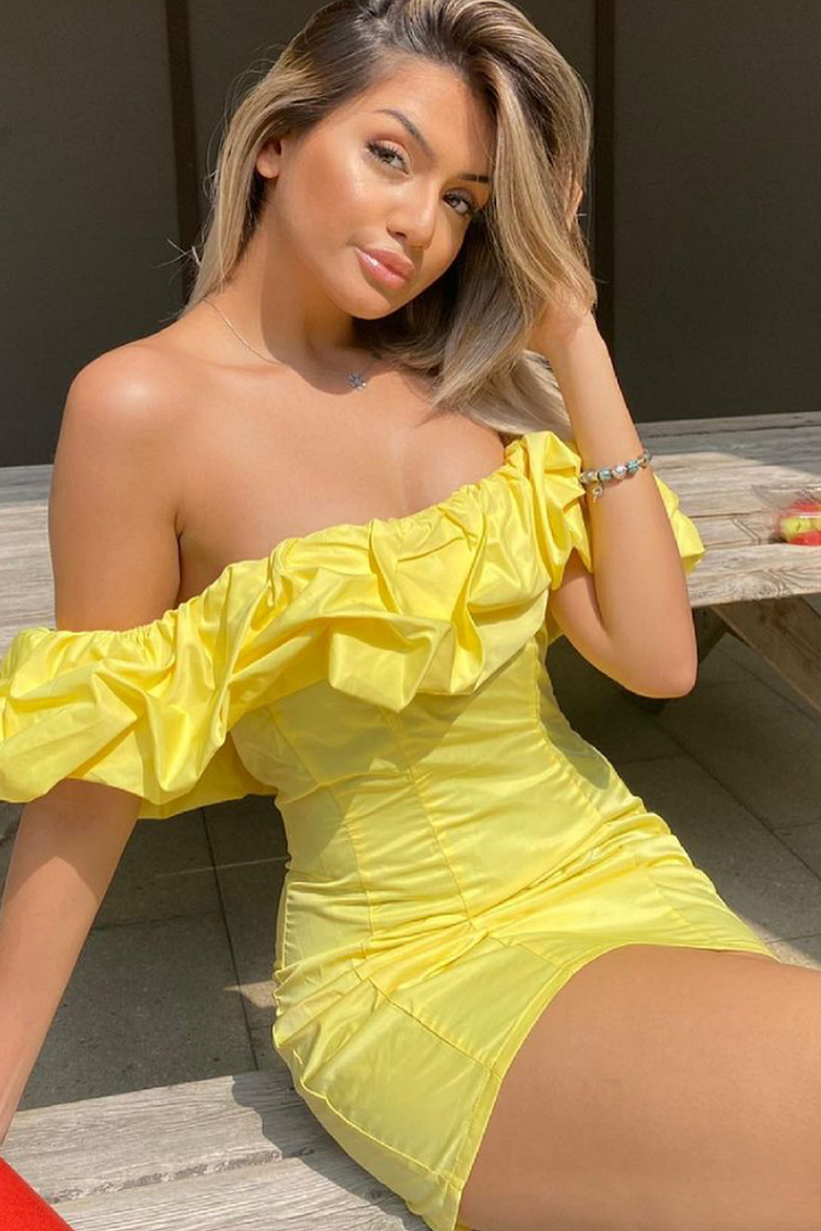 Yellow Ruffle Bardot Mini Dress Katch Me