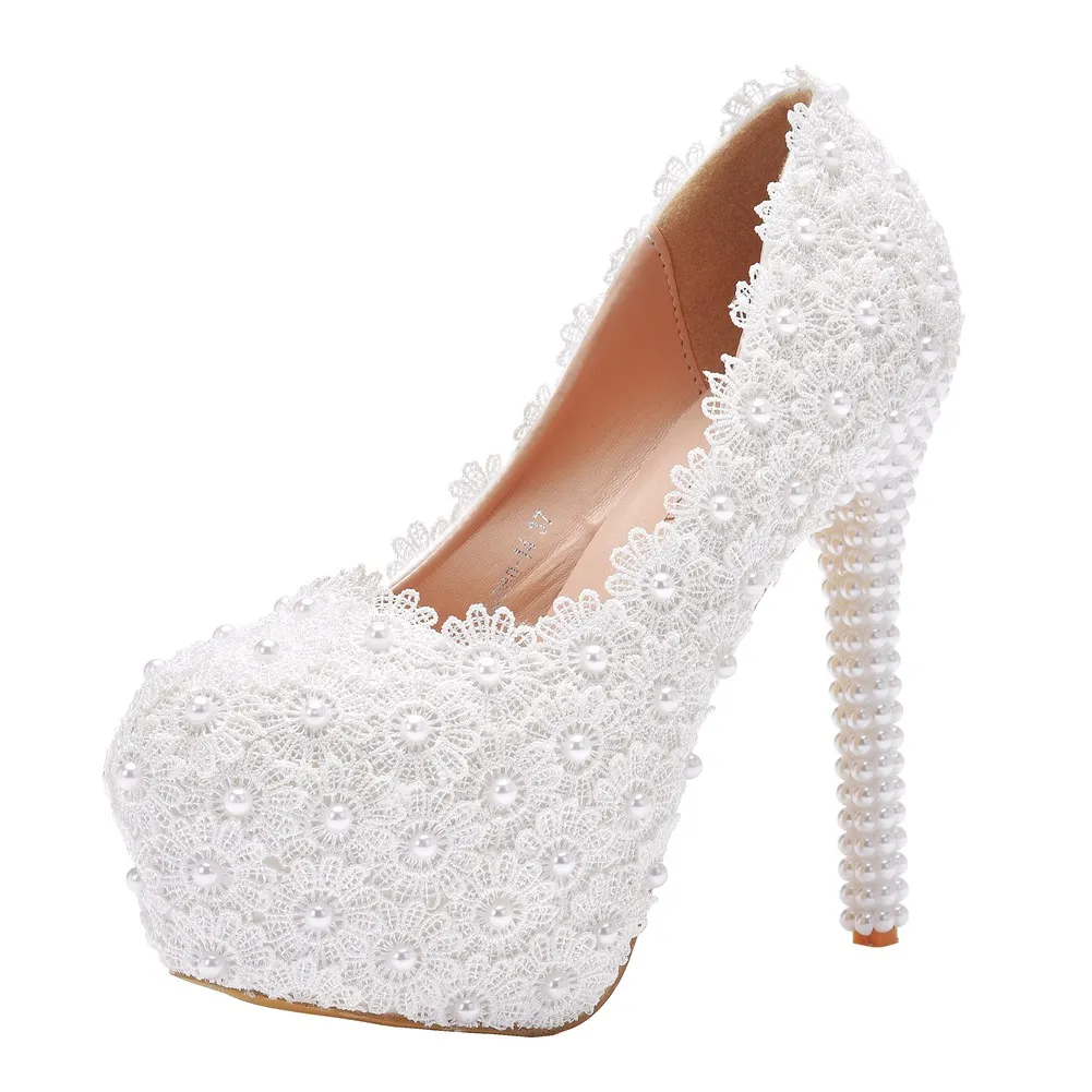 Breakj Breakj Lace Heels Wedding Shoes Lace Pearl Shoes Size Fine Heel Waterproof Shoes 14WL