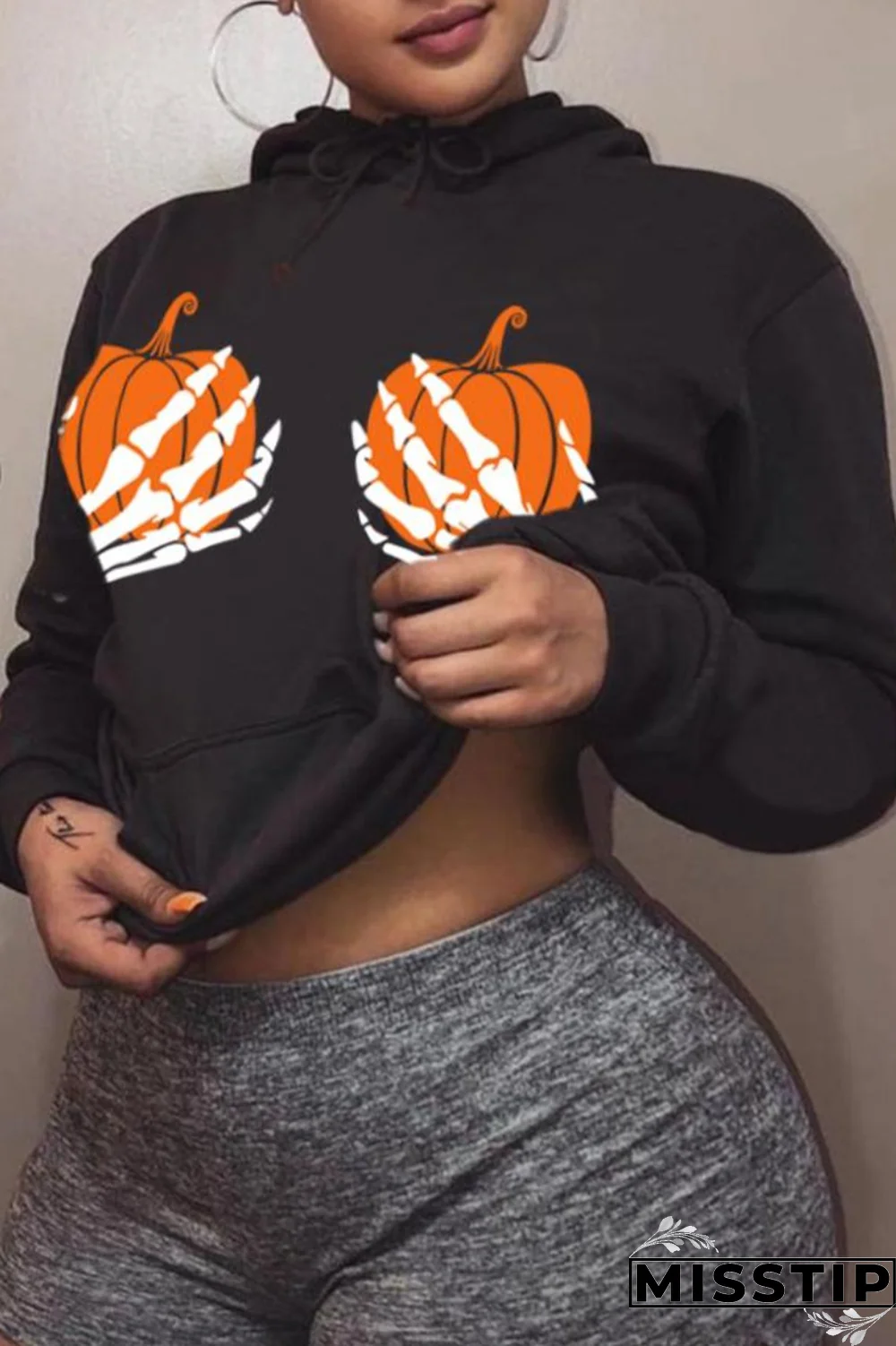 Black Fashion Print Patchwork Hooded Collar Tops