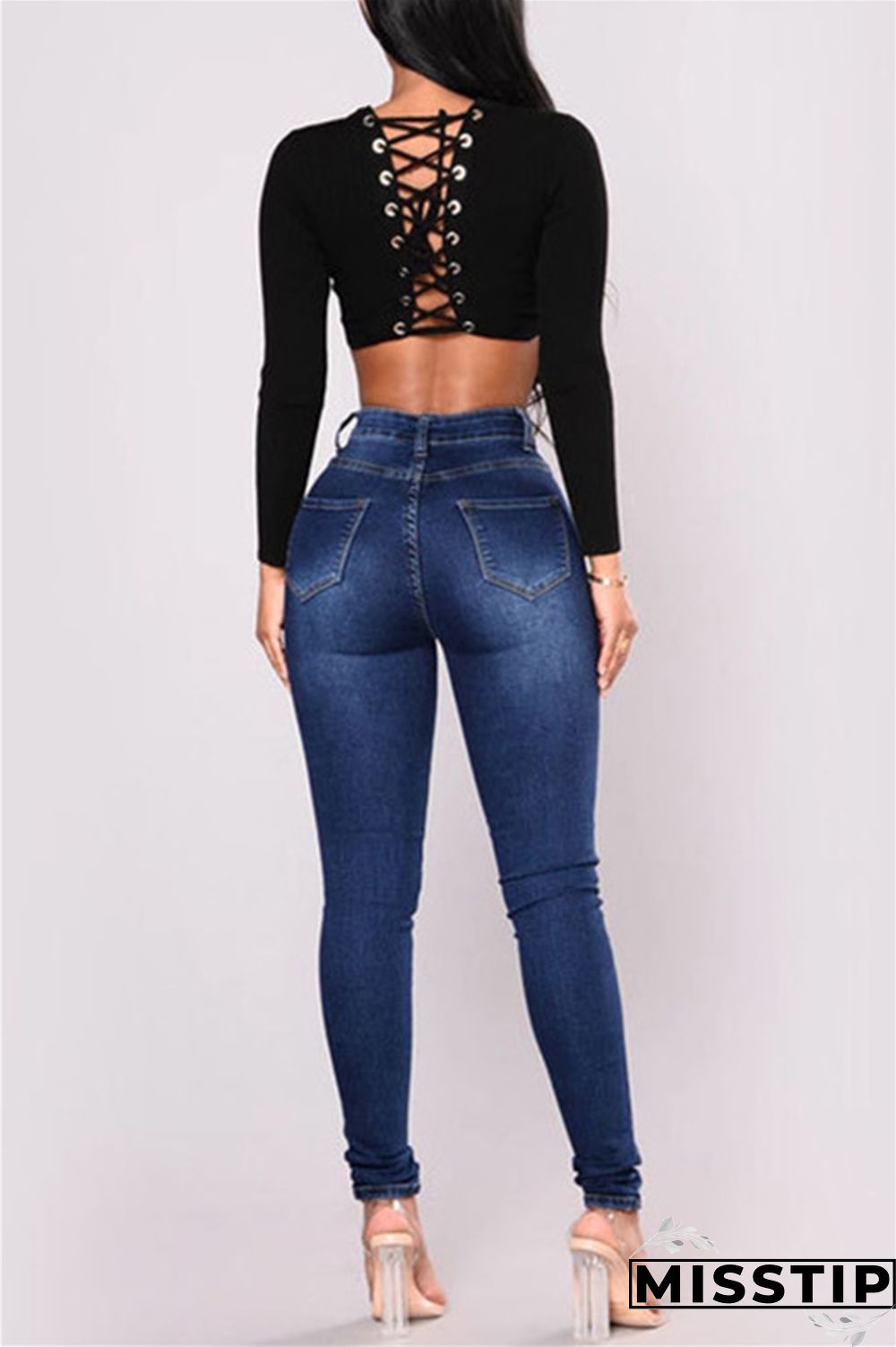 Deep Blue Fashion Casual Solid Basic High Waist Skinny Denim Jeans