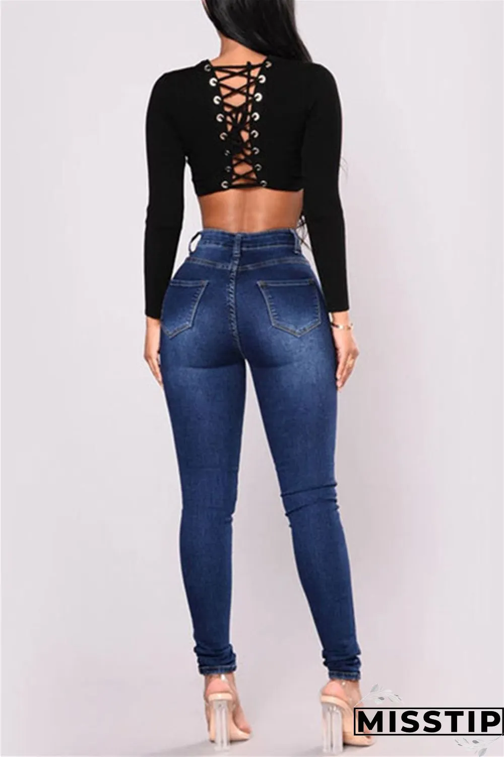 Deep Blue Fashion Casual Solid Basic High Waist Skinny Denim Jeans