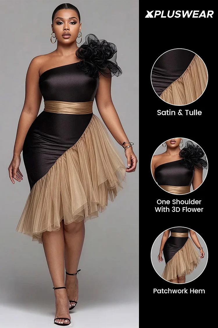 Xpluswear Design Plus Size Cocktail Party Tulle Black One Shoulder Contrast Elegant 3D Satin Midi Dresses [Pre-Order]