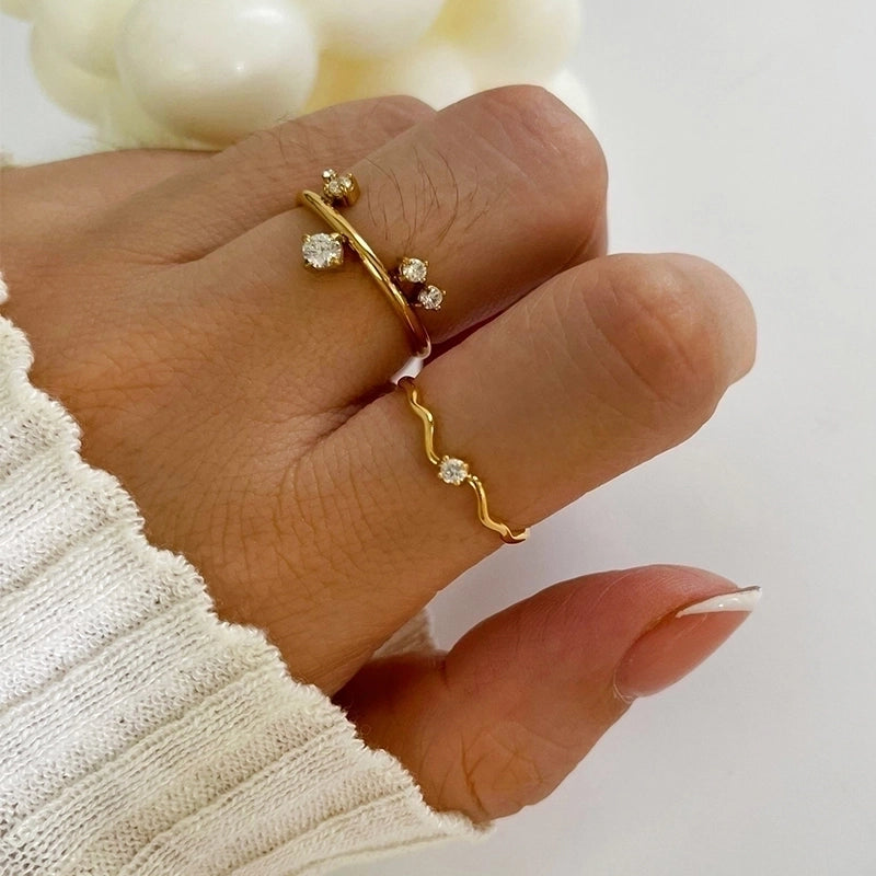 Commute Korean Style Geometric 316L Stainless Steel  Zircon 18K Gold Plated Irregular Inlay Rings