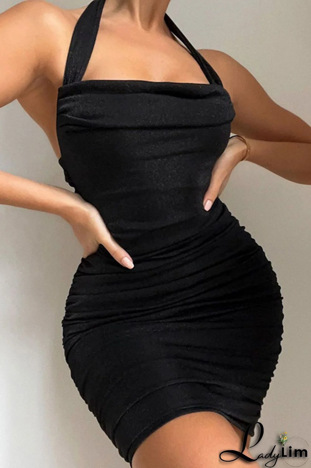 Black Sexy Solid Patchwork Backless Fold Halter One Step Skirt Dresses