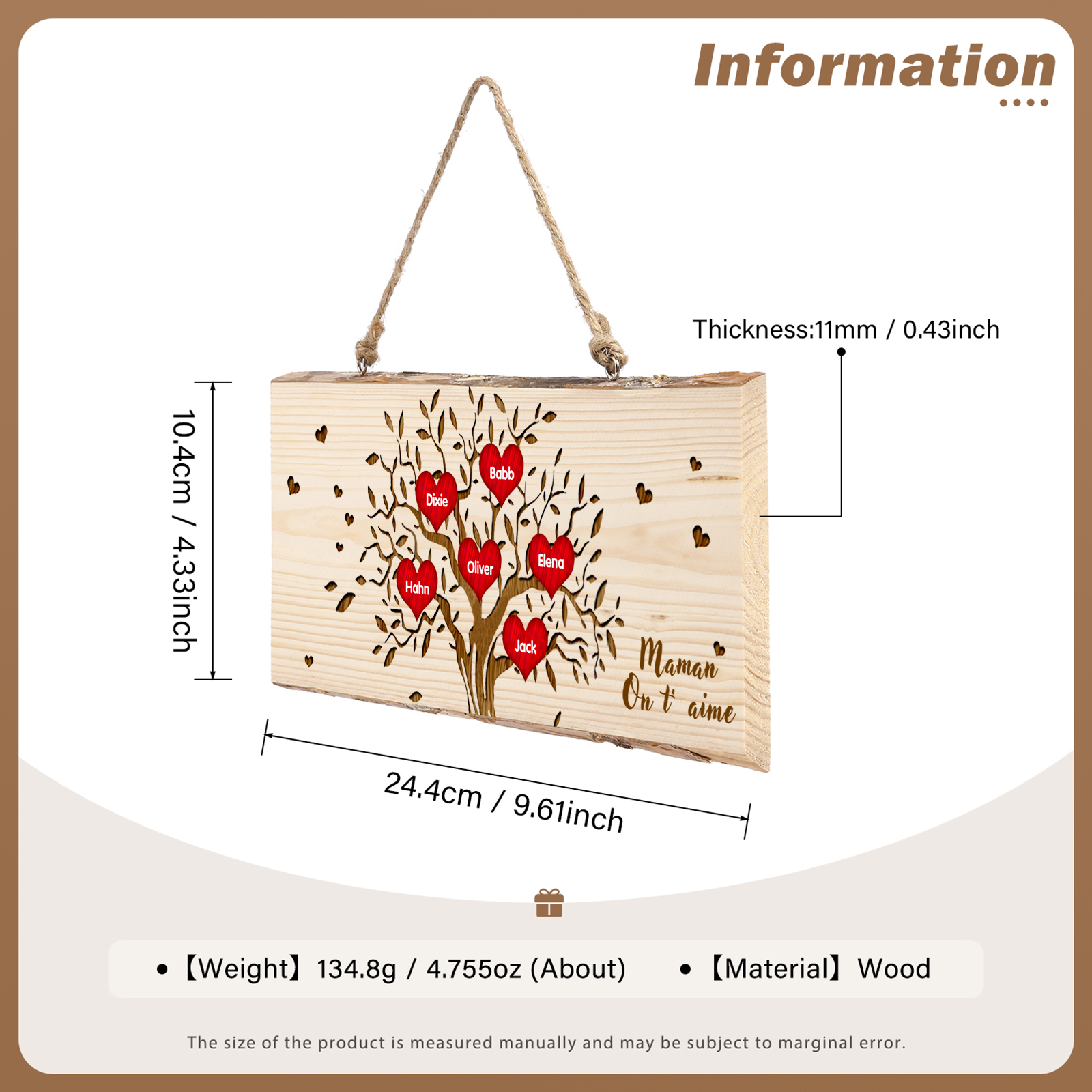 Décoration en bois Arbre de Vie 2-6 Prénoms Personnalisés avec Texte pour Famille Peinture Décorative