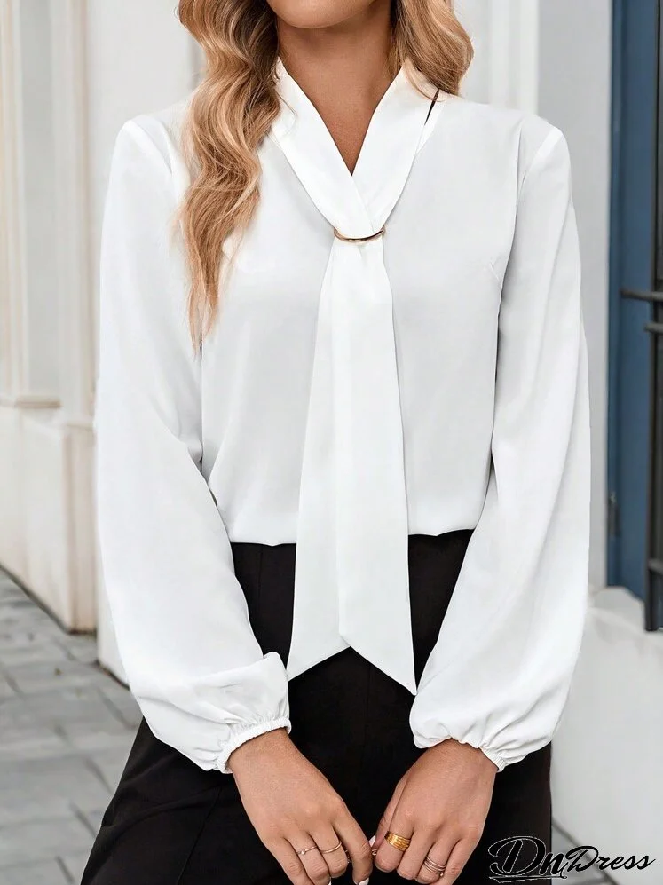 Women's Solid Color Bow Collar Lantern Sleeve Elegant Blouse, Spring And Autumn