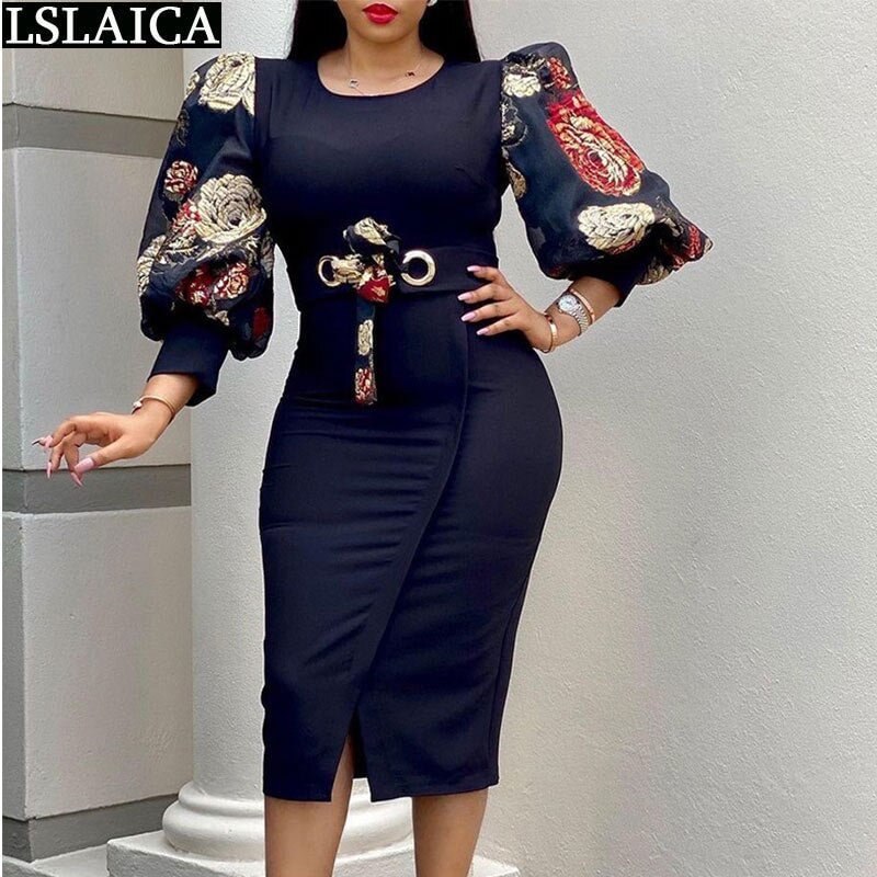 Ladies Dresses Knee-Length Vintage Floral Printing Dresses for Women Formal Party Puff Sleeve Fashion New Elegant Clothing Women