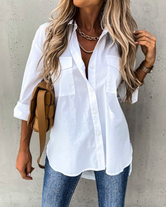 Chest Pockets Button Down Long Sleeve Solid Color Oversized Shirt