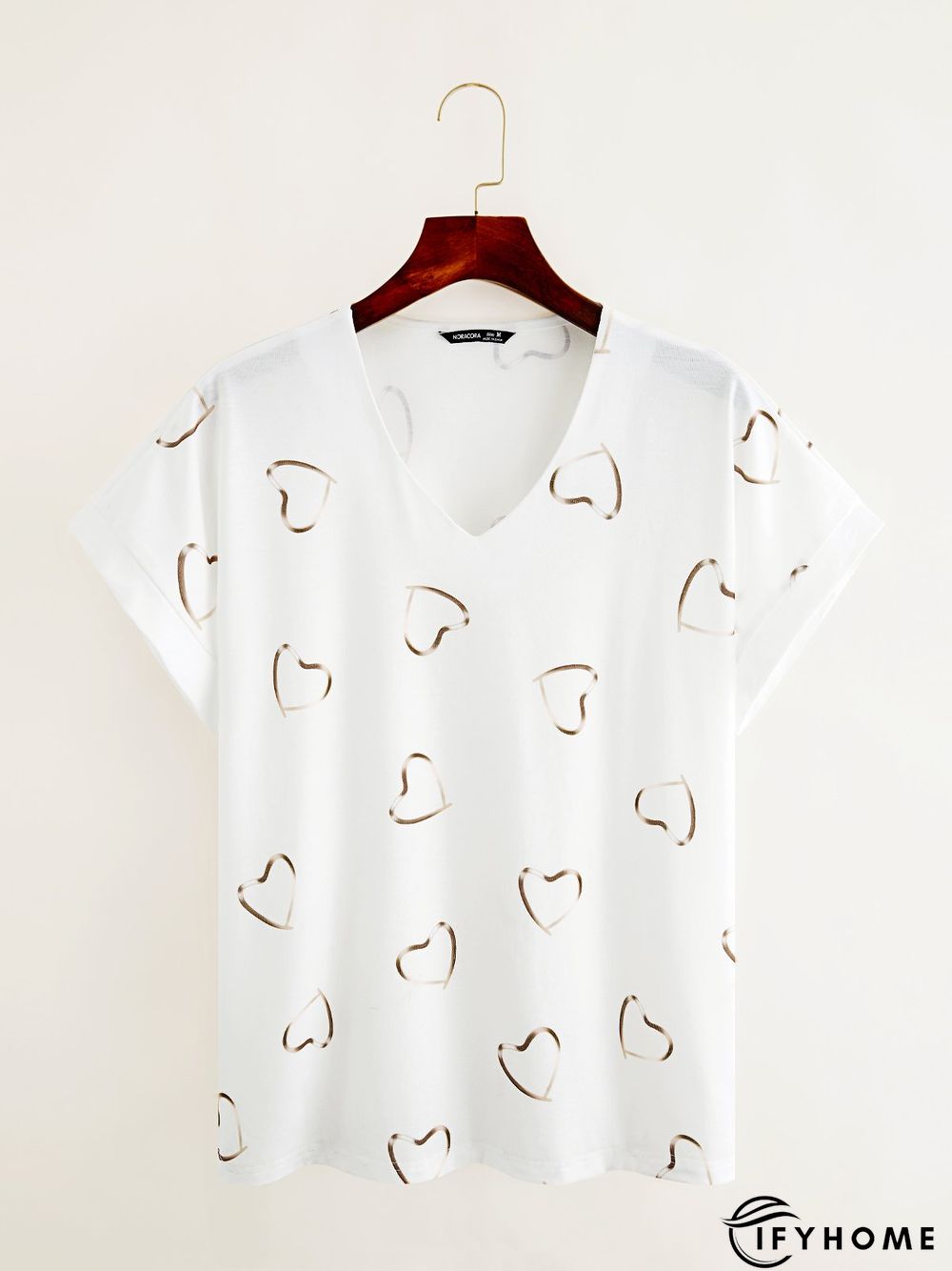 Women's White Heart Printed V Neck Cotton Blend Short Sleeve Casual Tunic T-Shirt | IFYHOME