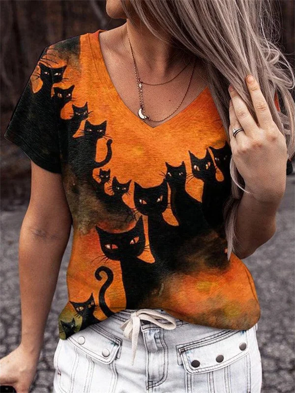 Short Sleeve Halloween Black Cats V Neck T-Shirt