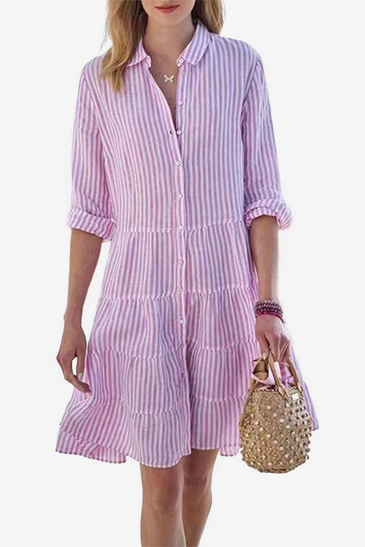Lapel Striped Pink Linen Shirt Mini Dress