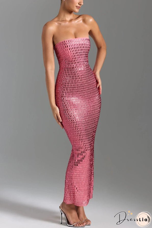 Flash Sculpture Rhinestone Embellished Bandeau Slit Stretch Maxi Dress