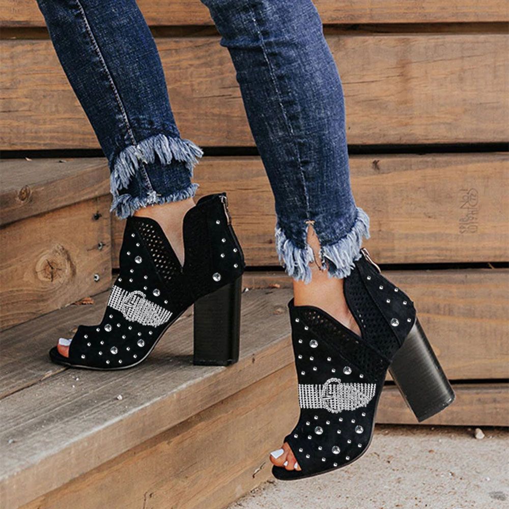 Black Peep Toe Cut Out Chunky Heel Summer Boots with Rhinestone Nicepairs