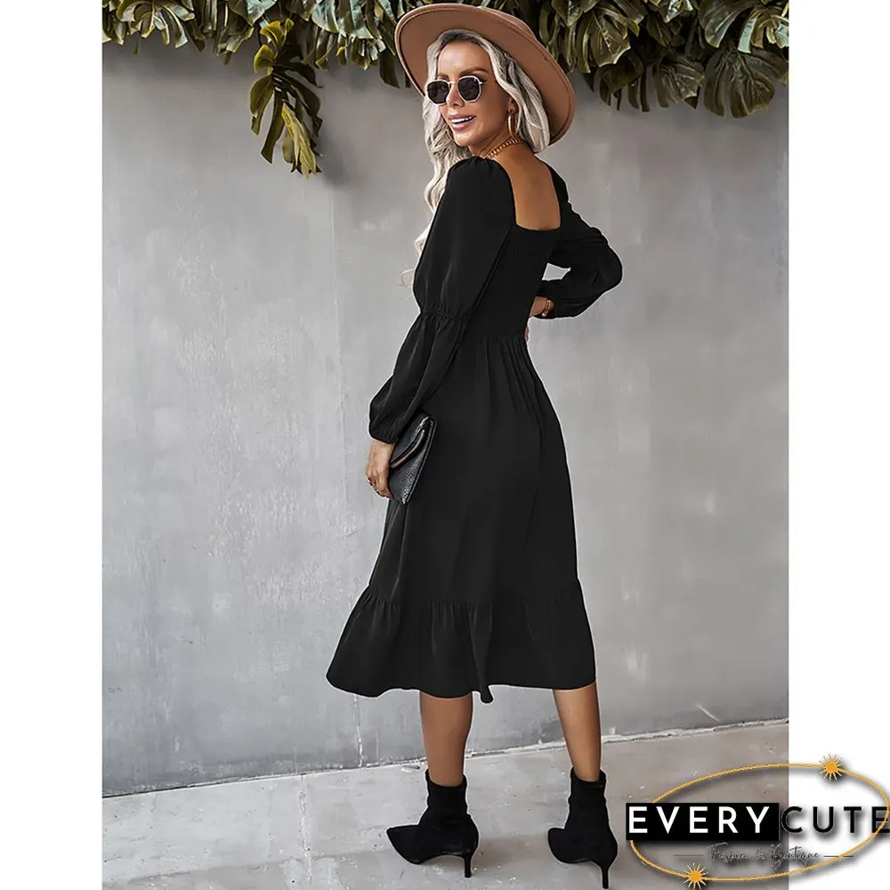 Black Square Neck Ruffle Detail Long Sleeve Dress