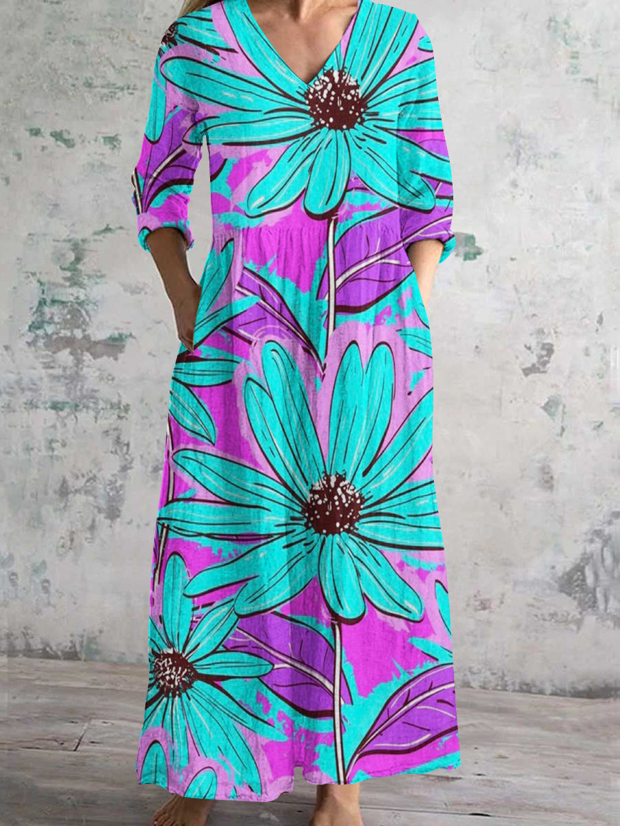 Women's V-Neck Abstract Daisy Art Print Cotton and Linen Pocket Dress