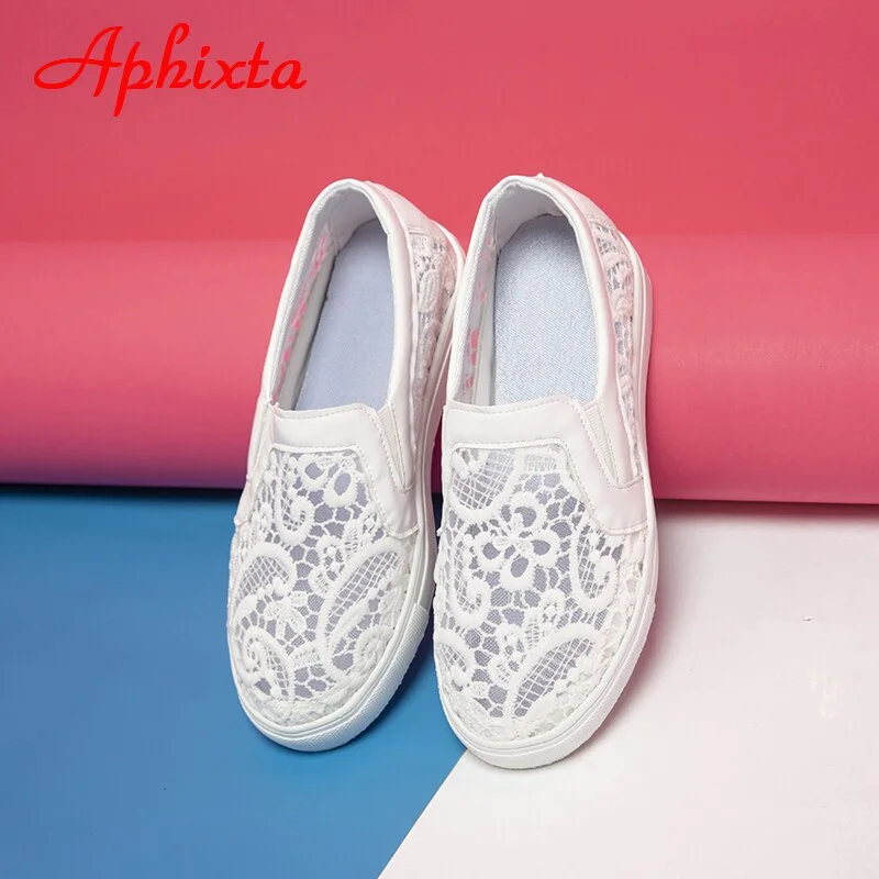 Aphixta Lace Air Mesh Flats Women Shoes Flat With Round Toe Summer Breathable Cool Platform Women's Vulcanize Shoes Loafers