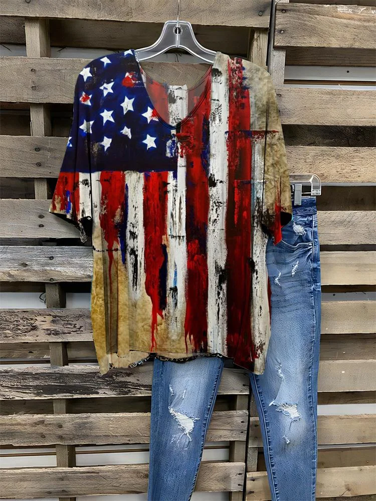 Women's Multi-color Flag Print Half-sleeve V-neck T-shirt