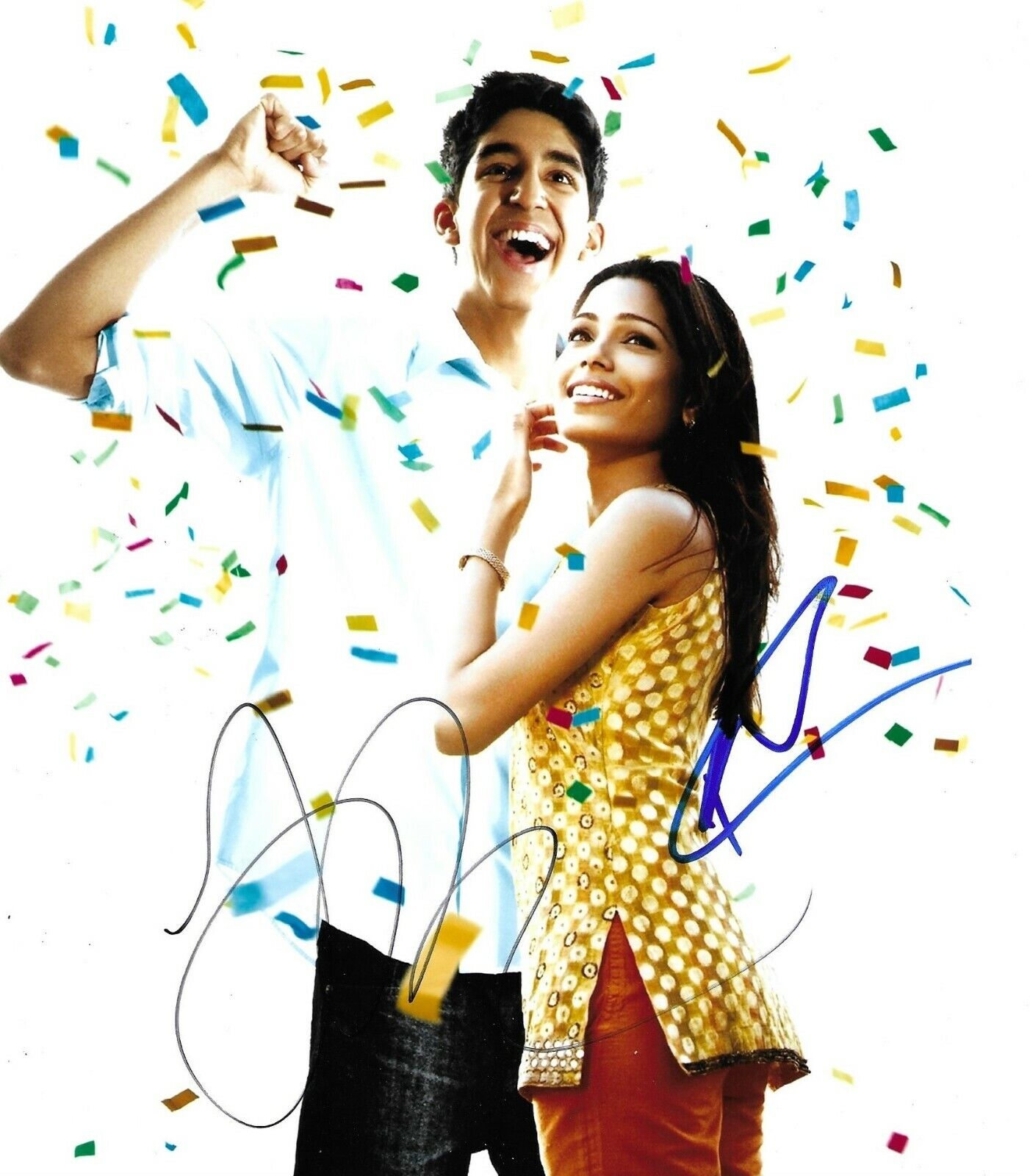 Dev Patel/ Freida Pinto Signed Slumdog Millionaire 10x8 Photo Poster painting AFTAL