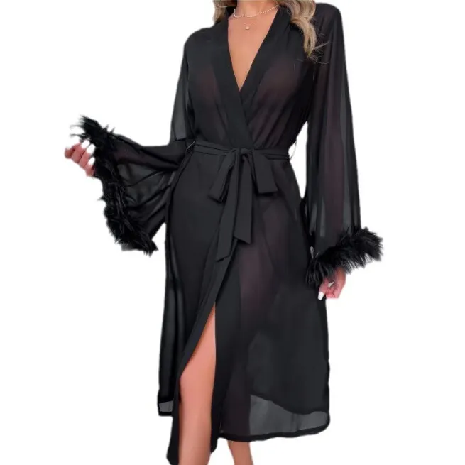 Uveng Uveng Summer New Simulation Silk Feather Long-Sleeved Pajamas Pyjamas Comfortable Tied Lady's Homewear