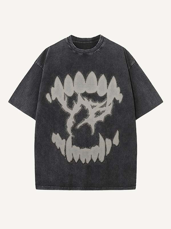 Distressed Washed Vampire Fangs&Graphic Faux Decal Print Round Neck T-shirt