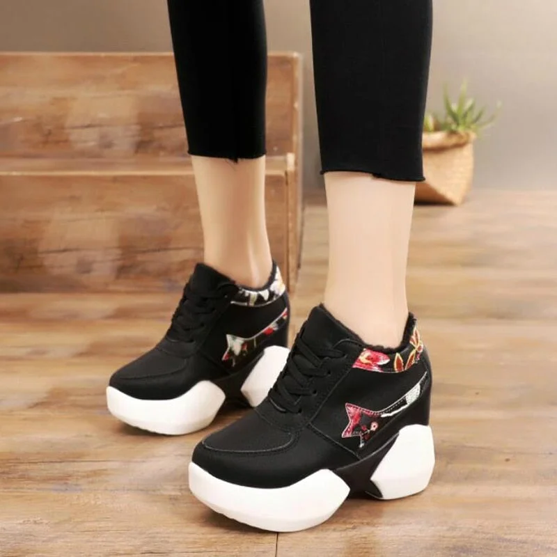 Heel Shoes Women Inner Heightening Sports Shoes Fashion Flower Wedge Female Sport Shoes Student Sneakers Autumn Winter 2022 W504