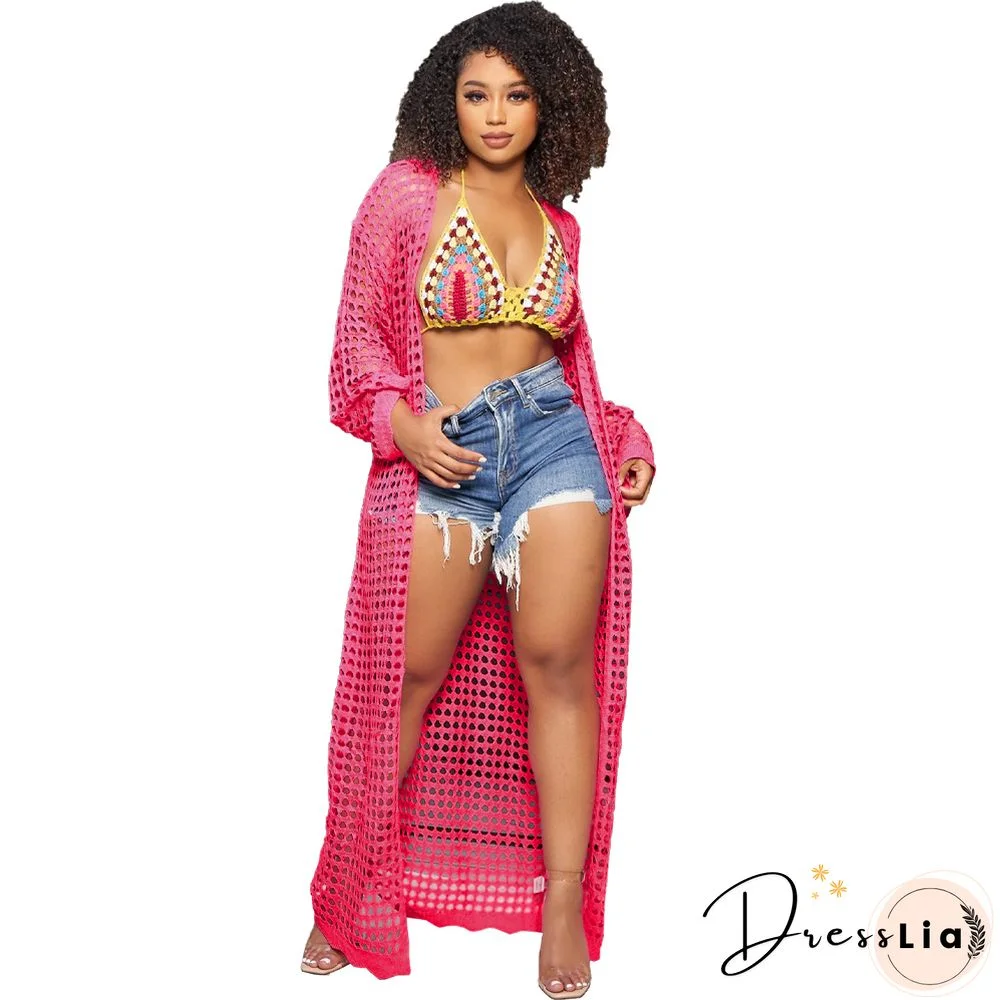 Beachwear Long Sleeve Mesh Grid Cardigan Cover-ups