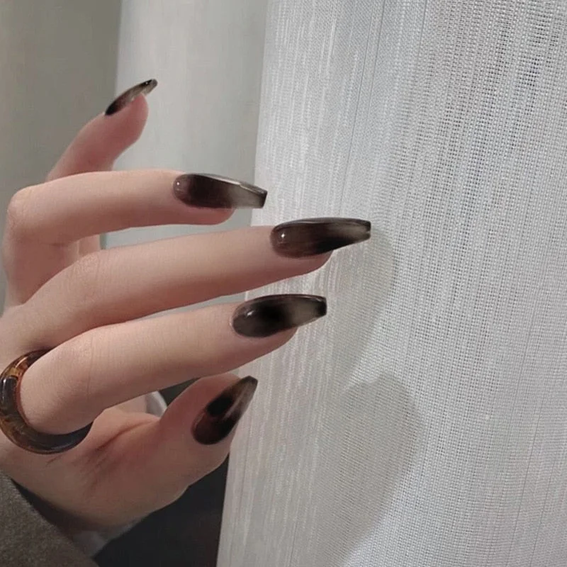 24Pcs Coffee Color With Grids Heart Designs False Nail Full Cover Fake Nails with Glue Detachable Wearable Manicure Nail Tips-Nail Inspo