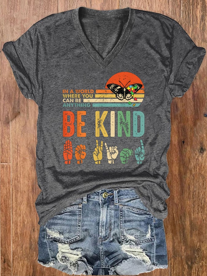 Women's Butterfly Be Kind Autism Awareness Print T-Shirt