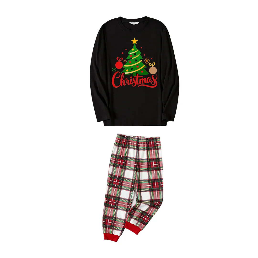 Christmas Tree Printed 2024 Black Long Sleeve Top and Red & Green & White Plaid Pants Family Matching Pajamas