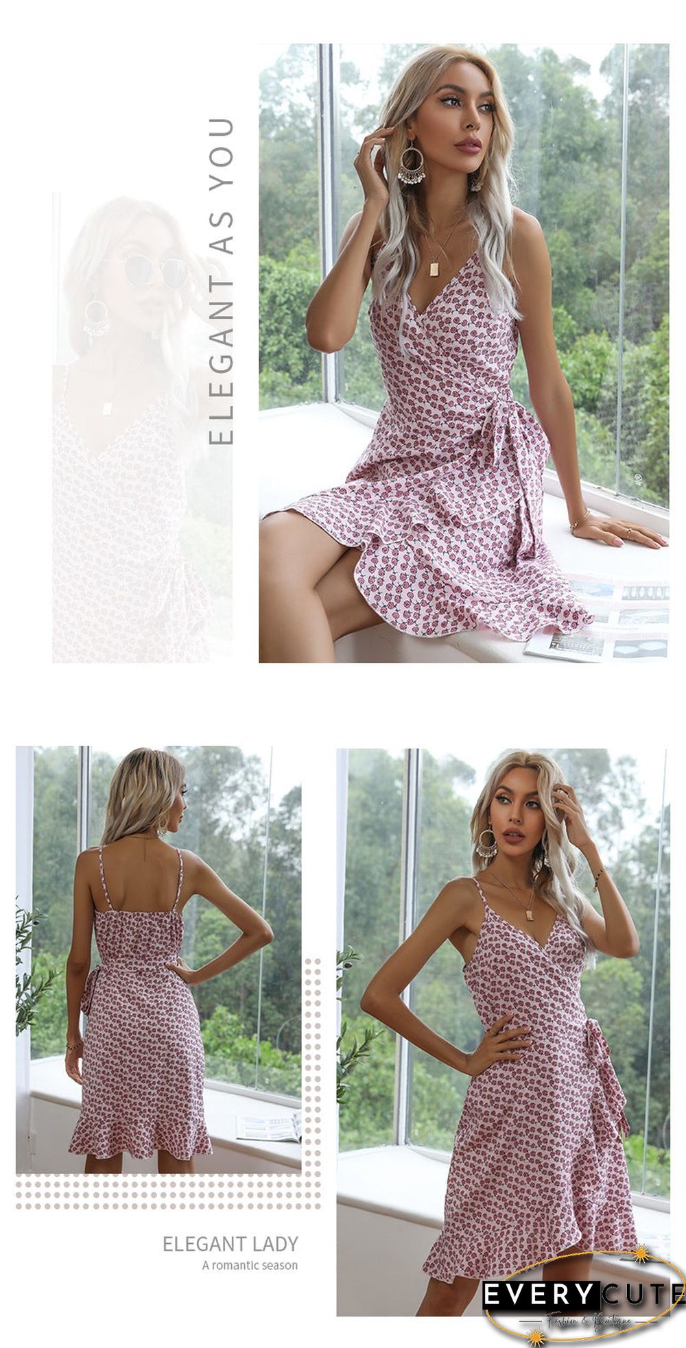 Summer Printing Irregular Ruffled Suspenders Dress Women