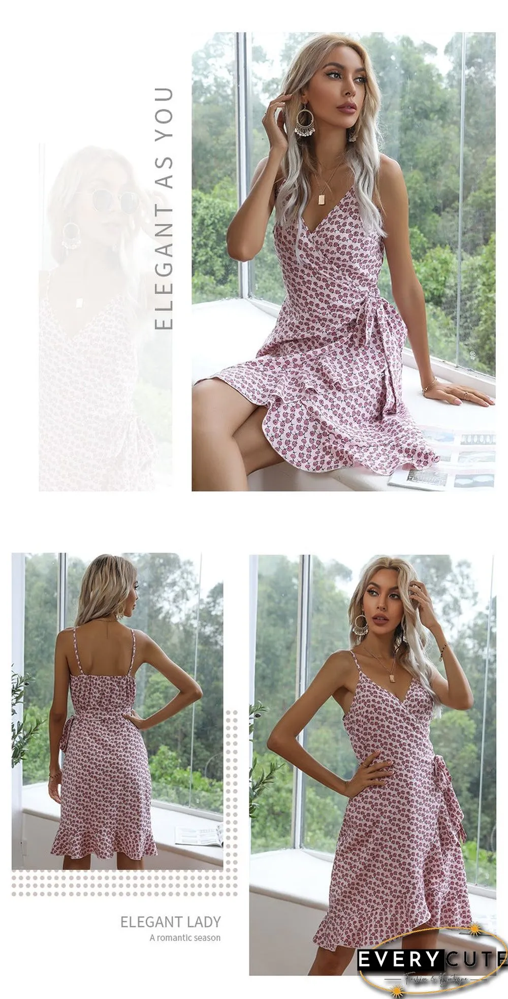 Summer Printing Irregular Ruffled Suspenders Dress Women