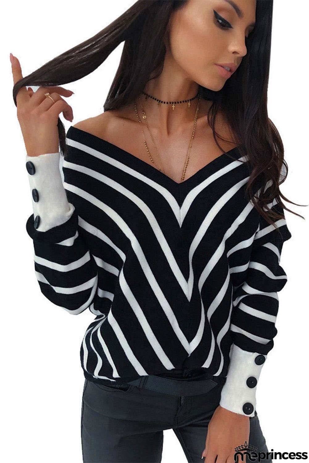Khaki V Neck Popper Cuff Striped Casual Sweater