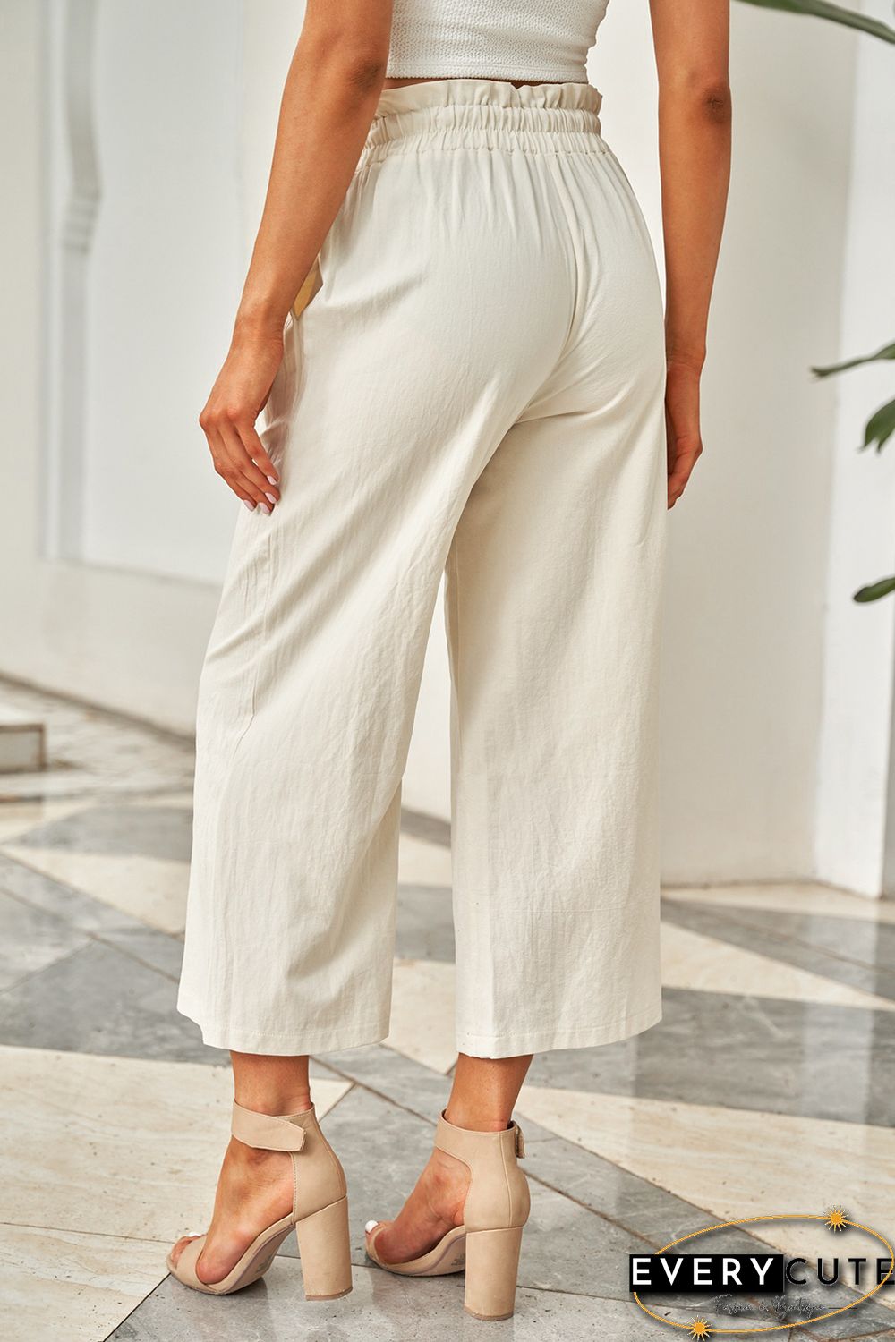 Khaki Paperbag Waist Straight Leg Cropped Pants