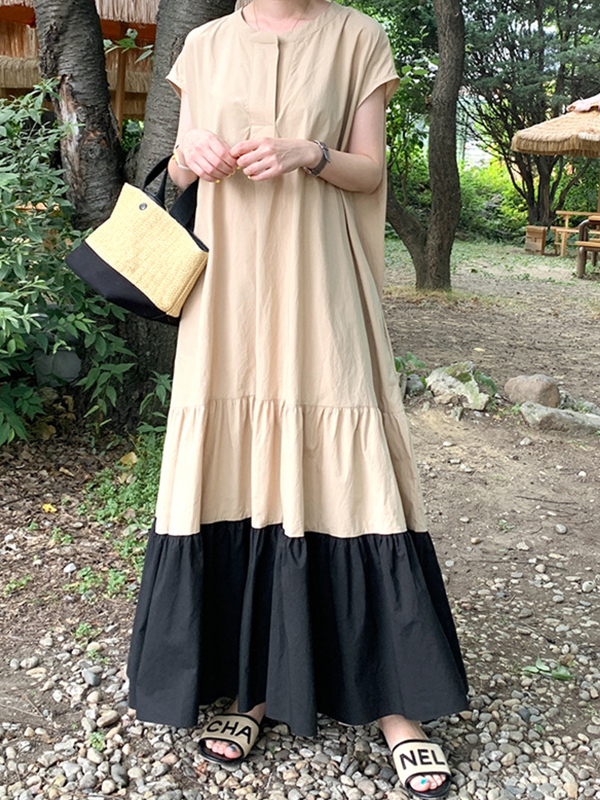 Retro Loose Thin Contrast Stitching Dress