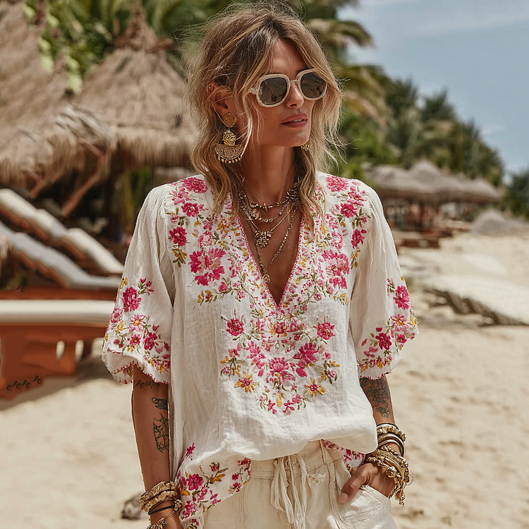 Women's Vintage Rose Floral Art Linen Comfy Shirt