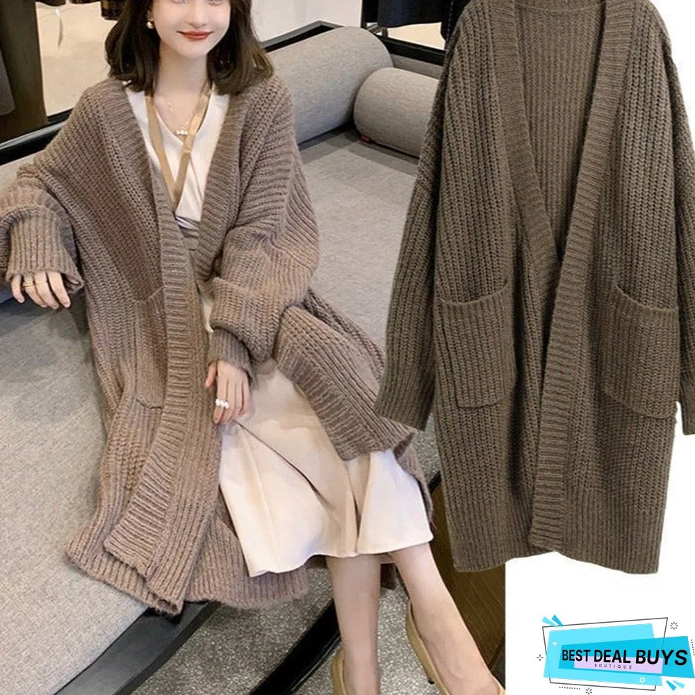 Fashion Casual Solid Color Belted Chunky Knit Sweater Cardigan Women