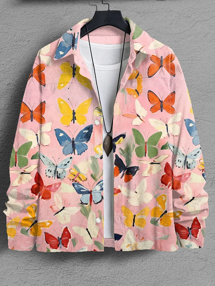 Men's Colorful Watercolor Butterfly Nature Art Print Corduroy Long Sleeve Shirt