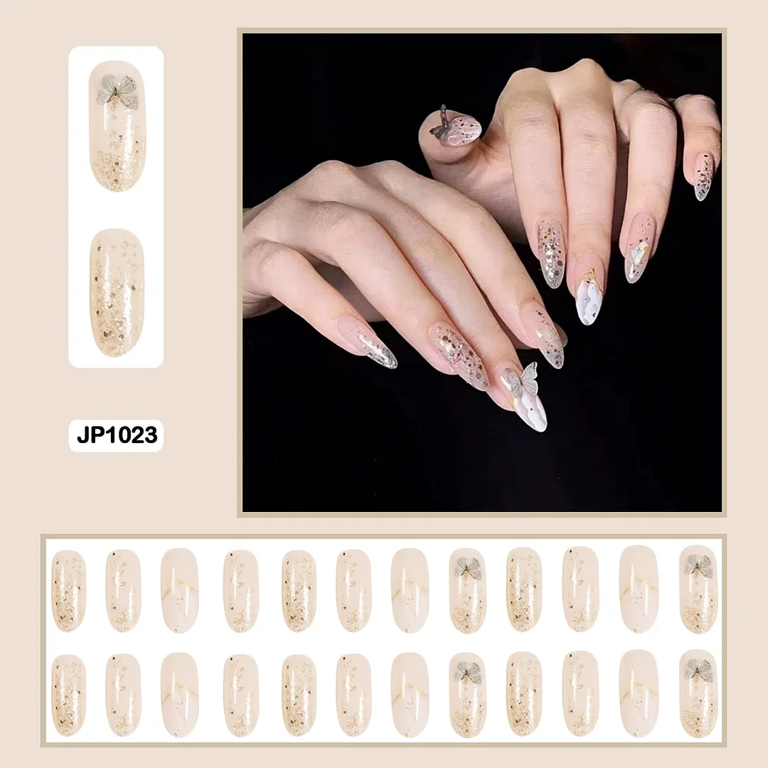 24pcs Stereoscopic Butterfly Light Luxury Elegant Nude Lady Style Removable Nail False Nail Manicure Tool-Nail Inspo