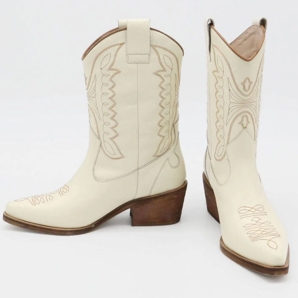 Beige Snip Toe Embroidered Chunky Heel Western Ankle Boots