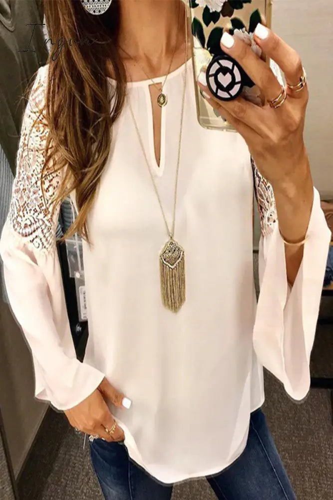 Ingvn - Elegant Solid Lace O Neck Tops(5 Colors) White / S Tops/Long Sleeve Tops