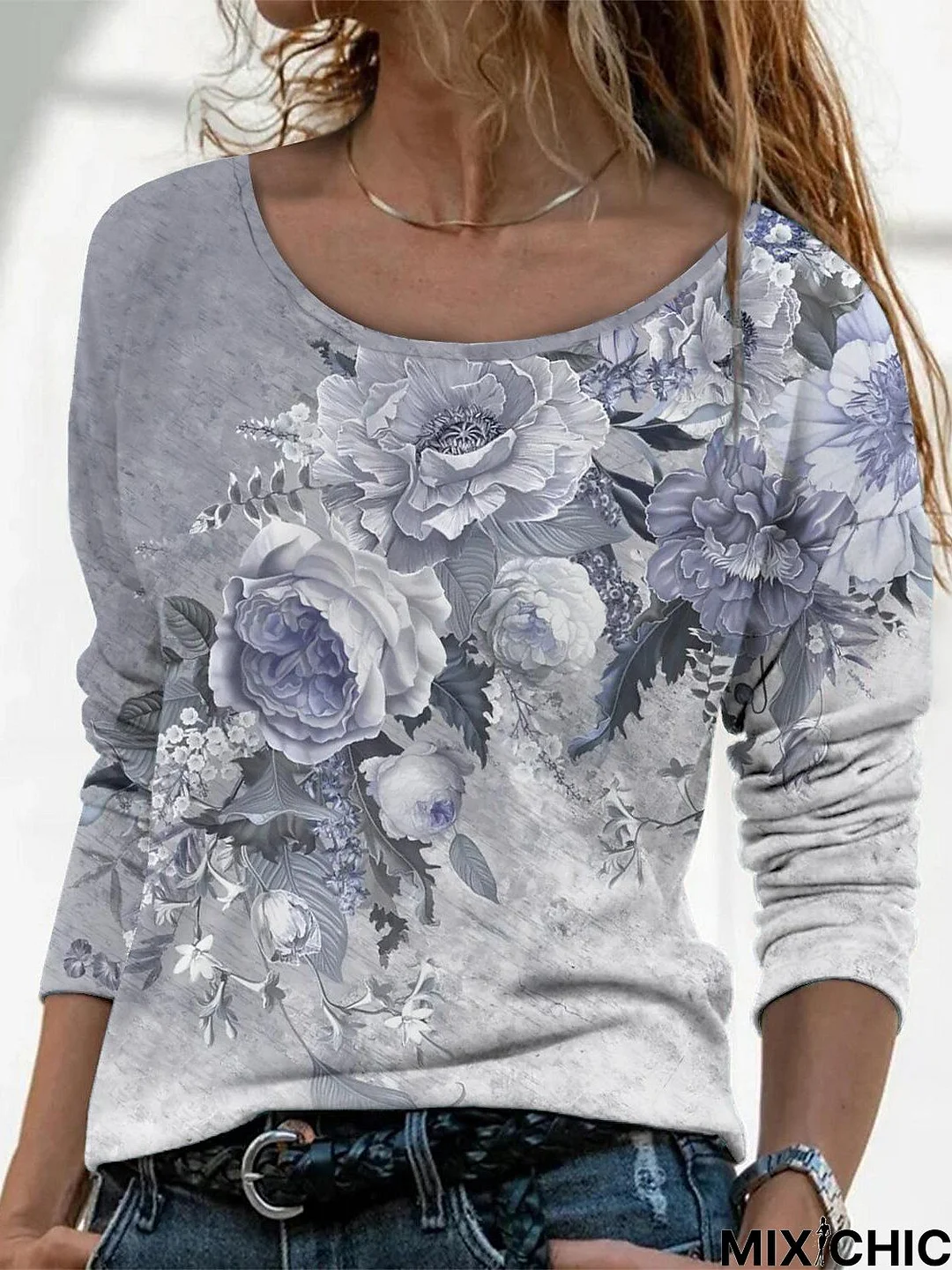 Women Casual Floral Autumn Micro-Elasticity Daily Crew Neck Regular H-Line Regular Size Top