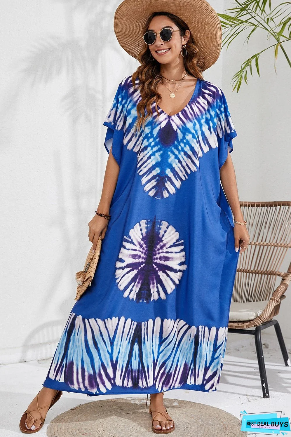 Slit Printed V-Neck Short Sleeve Cover Up