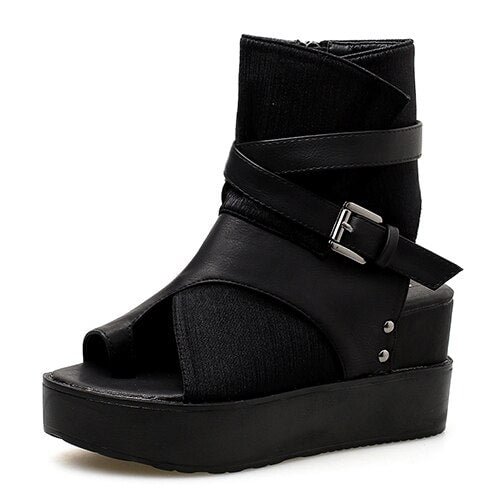 Gdgydh Black Women Ankle Boots Spring Autumn Peep Toe Flat Heel Boots For Female Buckle Platform Wedges Shoes Summer Comfortable