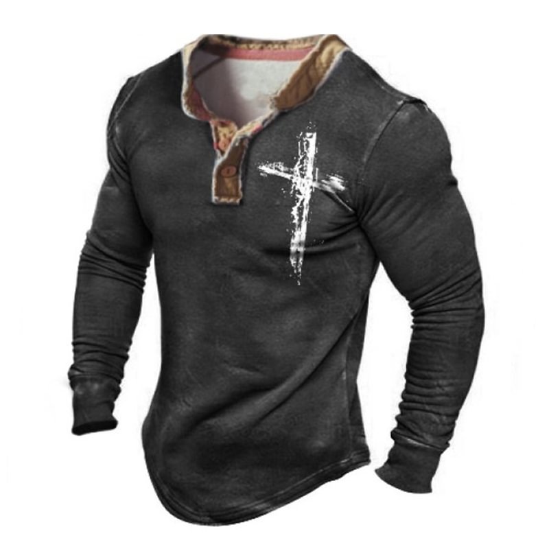 Men's Outdoor Cross Print Long Sleeve Retro Henley T-shirt