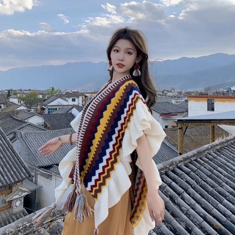 Yunnan Lijiang Travel Outside Knitted Shawl Ethnic Style Vintage Cape Cloak Tassel Scarf For Vacation Wear