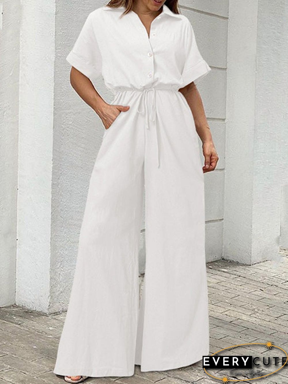 Women'S Jumpsuits Lapel Button Short Sleeve Belted Wide Leg Jumpsuit