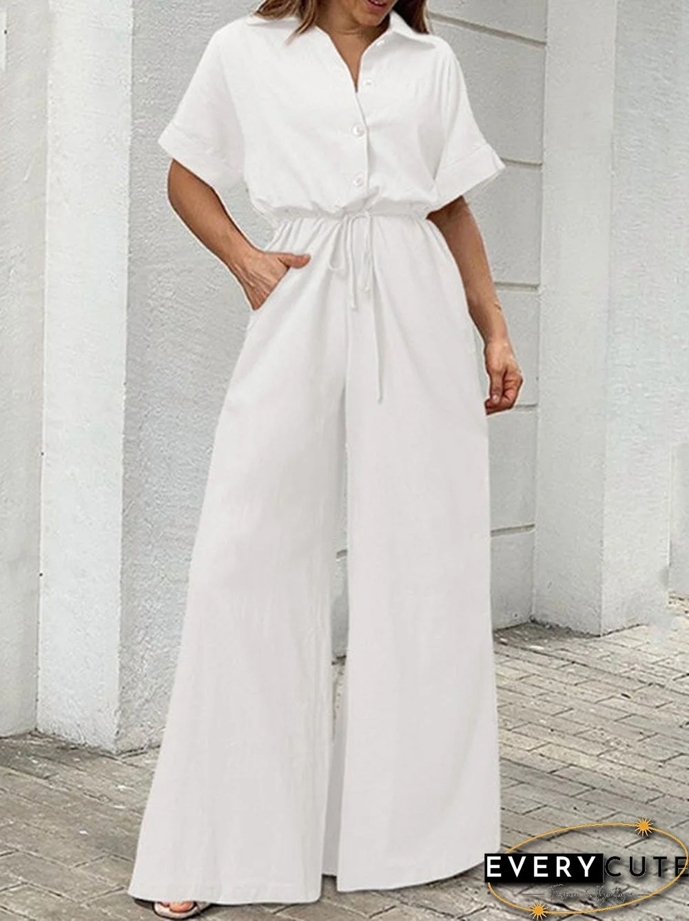 Women'S Jumpsuits Lapel Button Short Sleeve Belted Wide Leg Jumpsuit