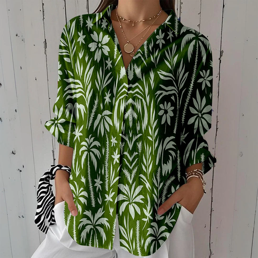 Style & Comfort for Mature Women Women Leaves, Green, Tropical DZCL0186 3/4 Sleeve Shirt Collar Printed Button Tops