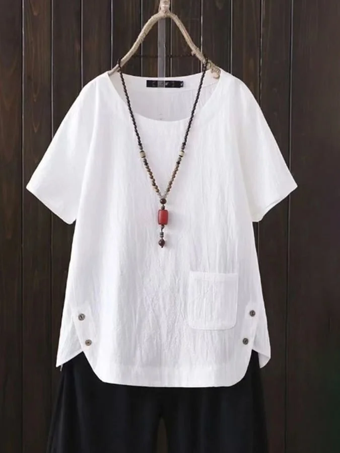 Women's Solid Color Cotton Linen Round Neck Button Short Sleeve Top