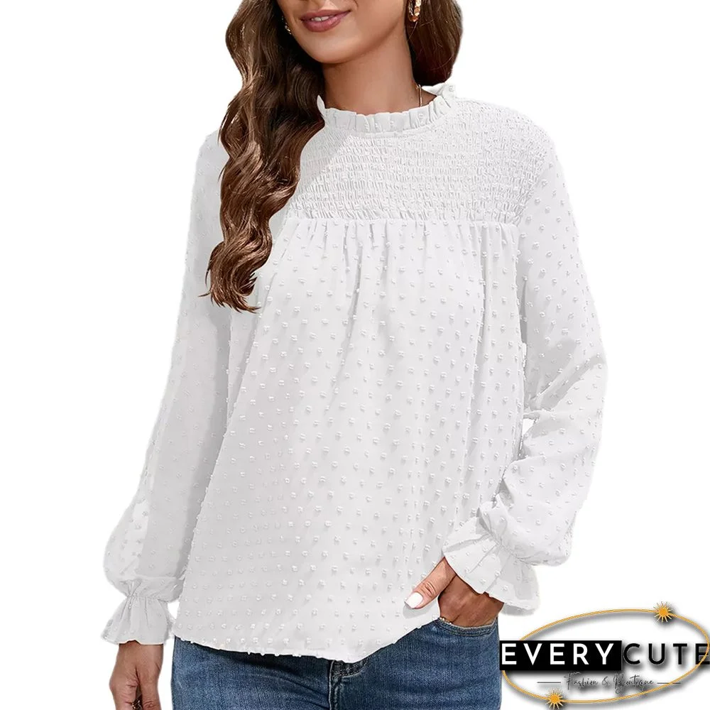 White Swiss Dot Pleated Long Sleeve Blouse
